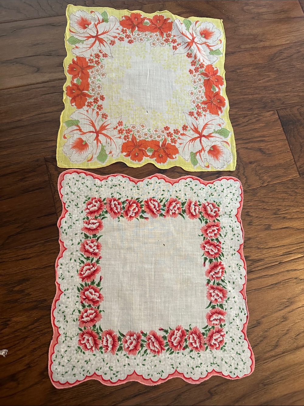 Vintage Set of Two Floral Cotton Handkerchiefs in Yellow & Pink